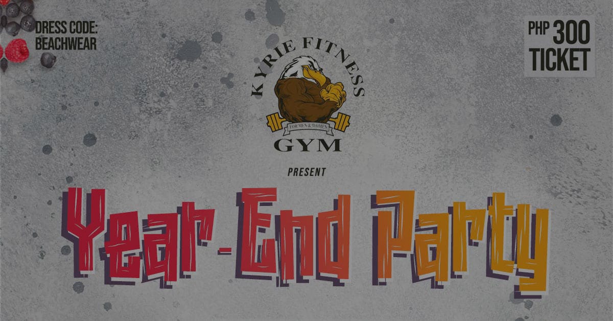 Feature image of the Kyrie Fitness Gym Year-End Party poster, showcasing a bold 'Year-End Party' title in vibrant red and orange typography