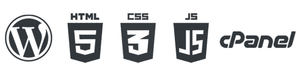 Logos of essential web development and SEO tools, including WordPress, HTML5, CSS3, JavaScript, and cPanel,