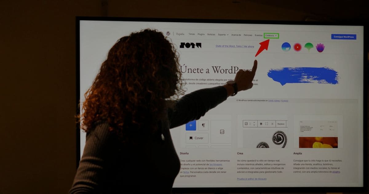 Speaker pointing at WordPress dashboard on screen during a presentation about the future of the platform and open-source collaboration.