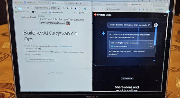 A close-up of a laptop screen split into two windows. On the left, a Google Cloud page welcomes a user to "Build w/AI Cagayan de Oro." On the right, "Firebase Studio" shows a collaborative chat about debugging a camera permissions error.