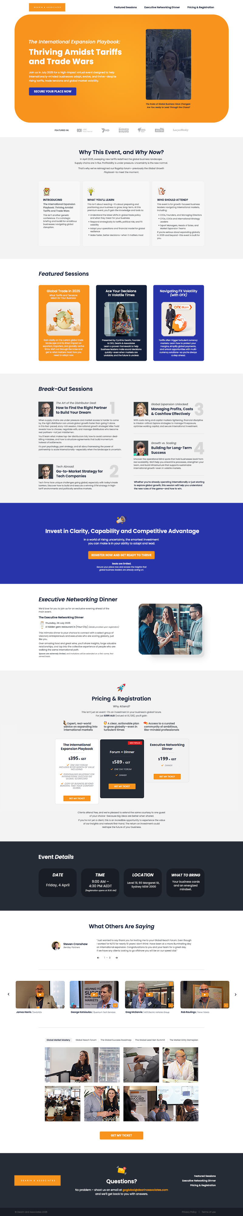 A full height length of an event and conference landing page