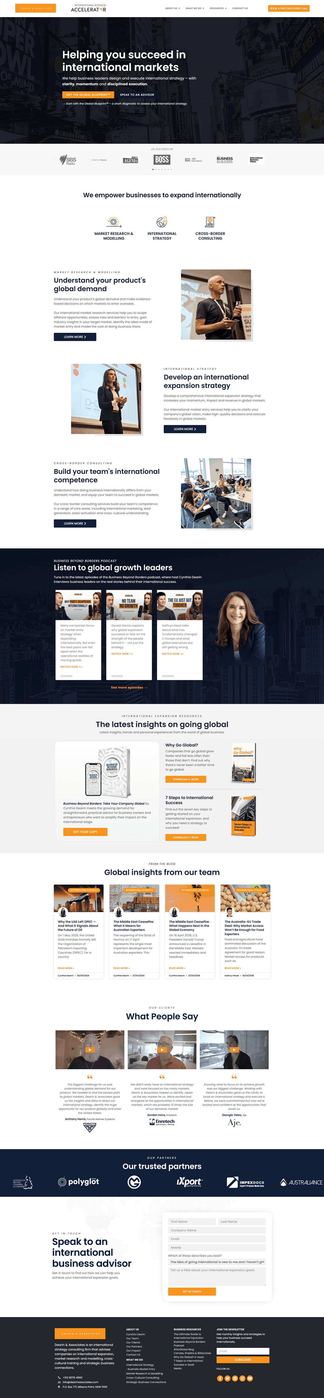 Homepage of a WordPress website designed for an international consulting firm, featuring a clean layout, service sections, and responsive design for business use.